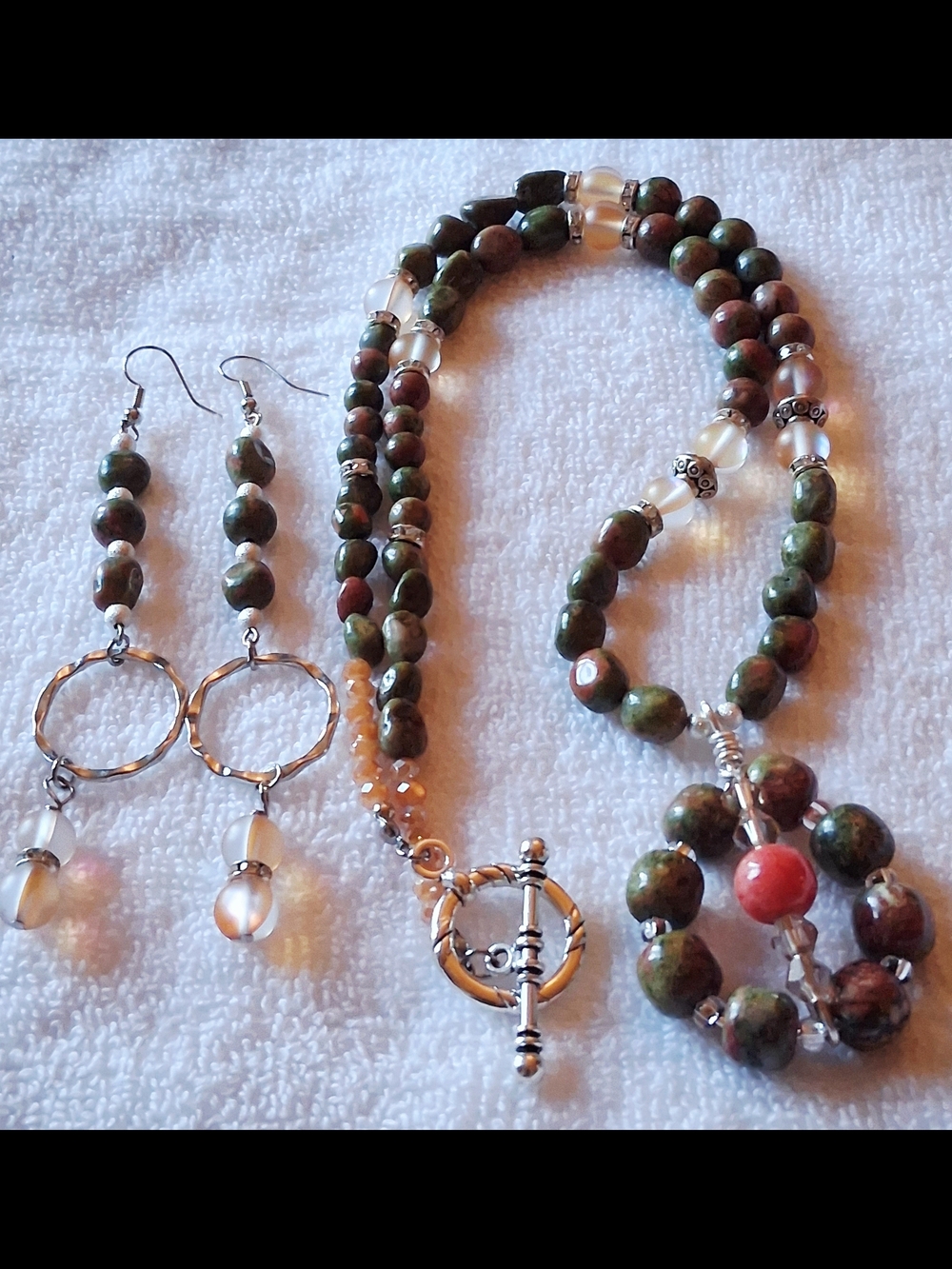 Unakite And Peach Moonstone Beaded Necklace & Earring Set - Handmade